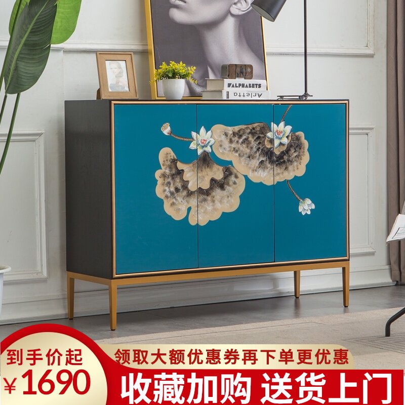 美式实木鞋柜家用门口玄关一体进门入户鞋柜边柜手工荷花彩绘整装