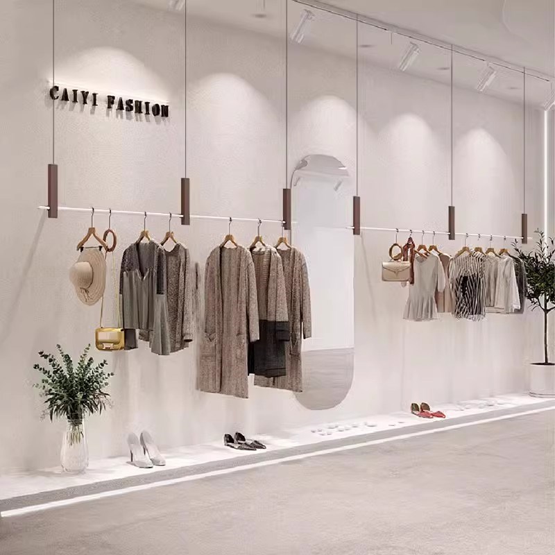 不锈钢挂衣架悬挂架木纹色实体店装修婚纱服装店展示架买手店吊杆