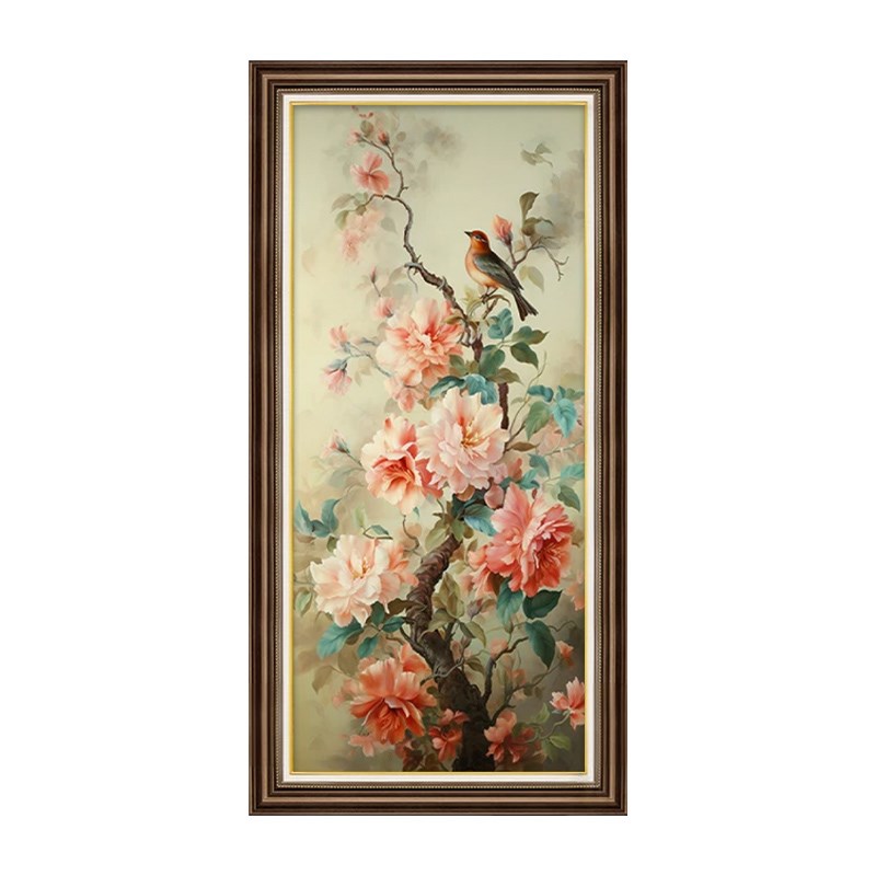 美式田园风玄关装饰画入户走廊过道复古花鸟油画高档大气客厅壁画