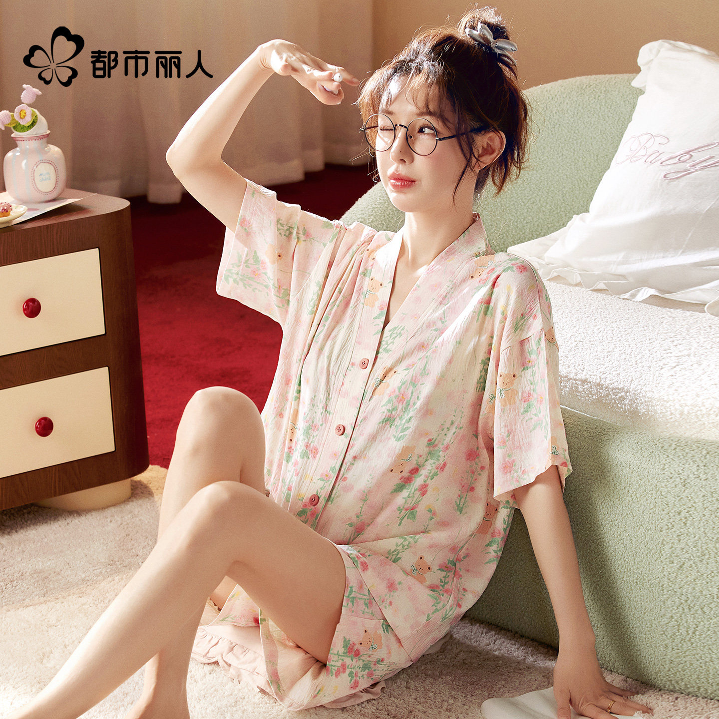 都市丽人云朵棉少女睡衣女夏季2025新款大码甜美风短袖短裤家居服