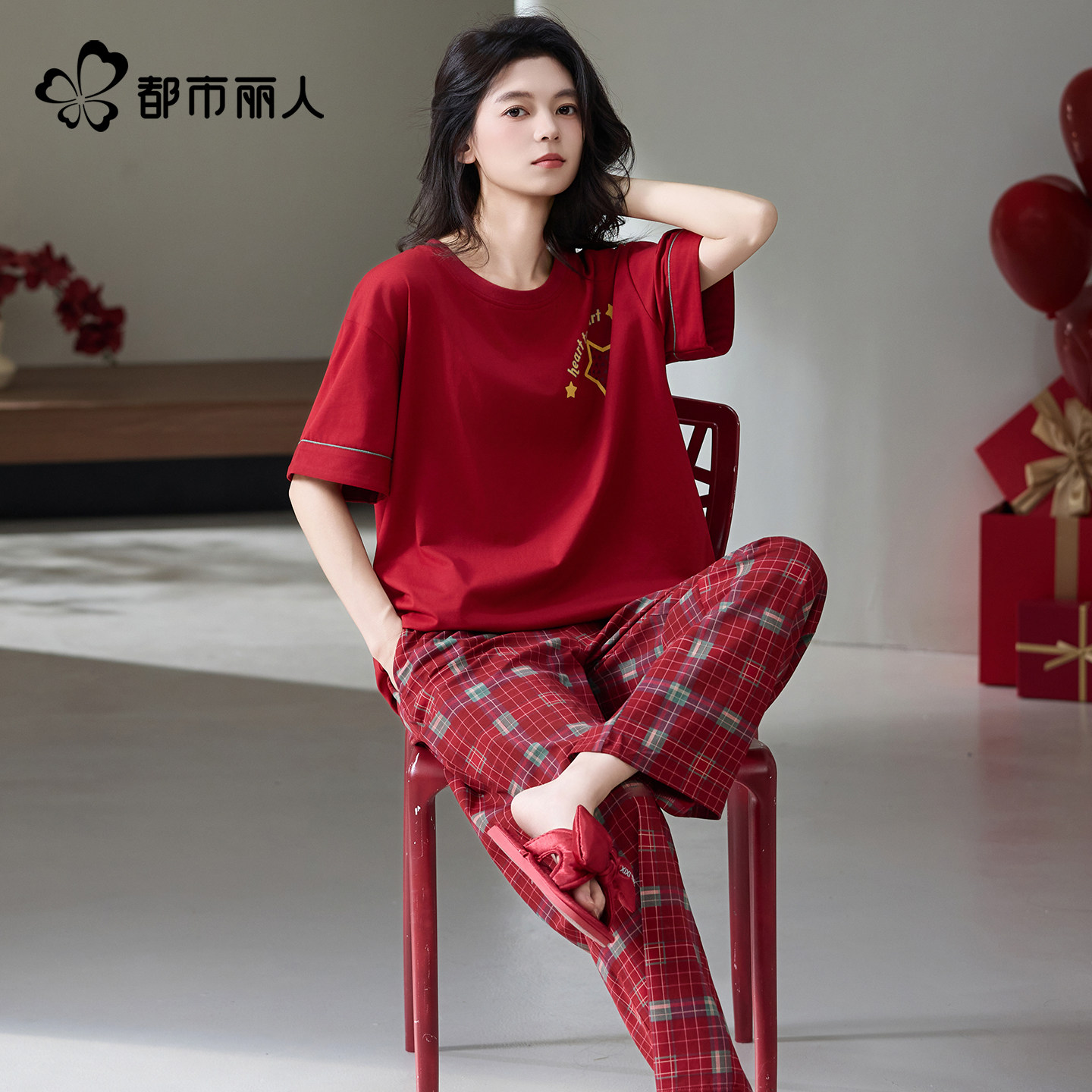 都市丽人纯棉红色睡衣情侣款夏季短袖本命年结婚家居服套装可外穿