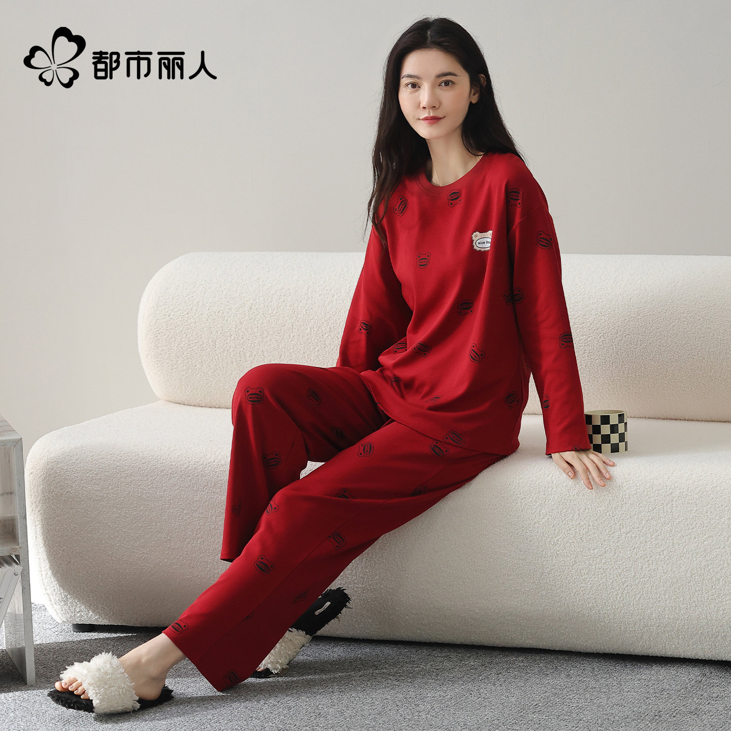 都市丽人纯棉睡衣柔软舒适卡通情侣可外穿本命年红色家居服套装