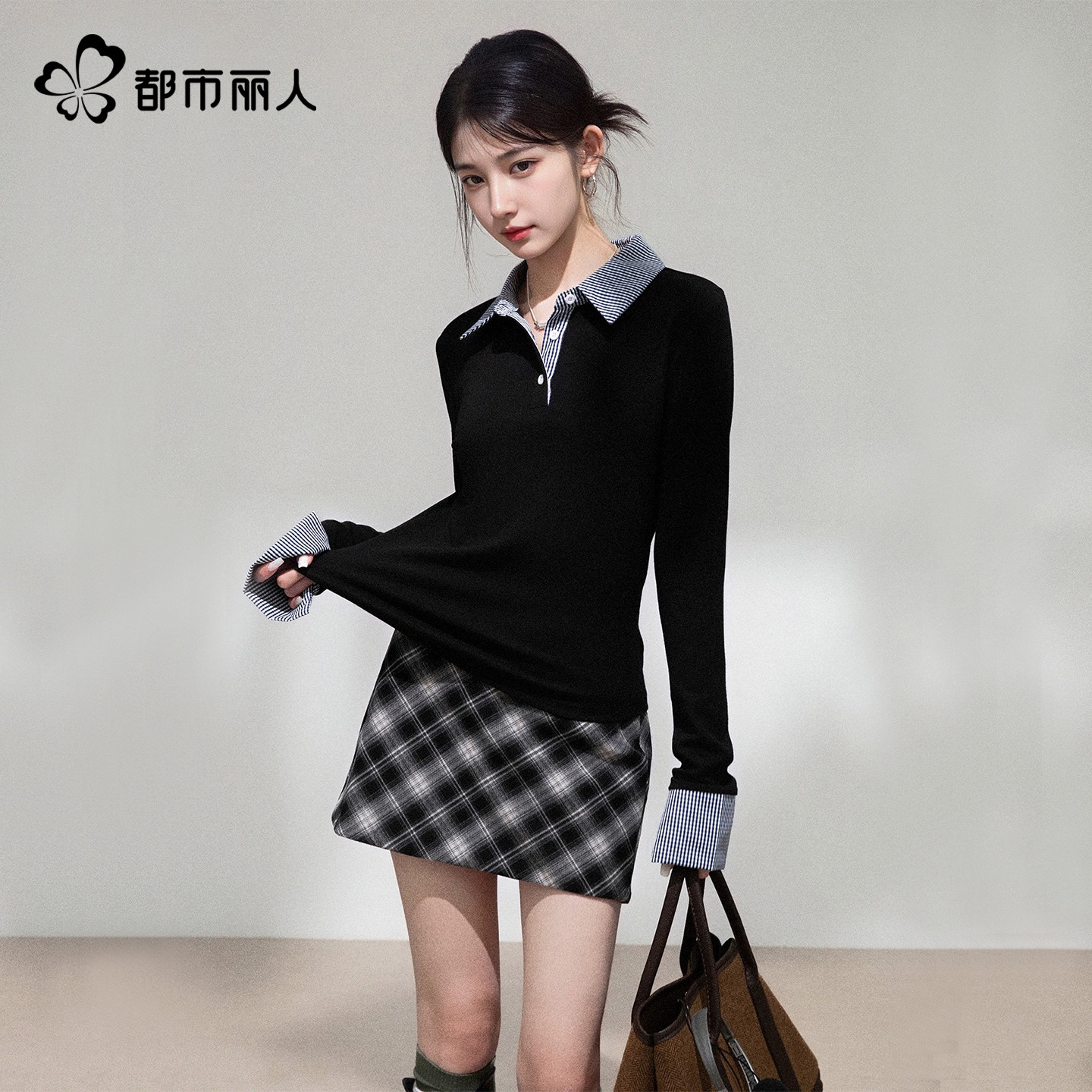 都市丽人假两件长袖t恤女冬季2025新款设计感韩系超好看内搭上衣Y