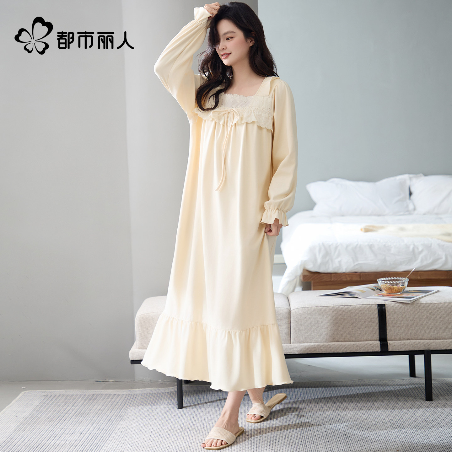 都市丽人新款纯棉睡裙女款秋冬季长袖睡衣家居服中长款宽松加大码