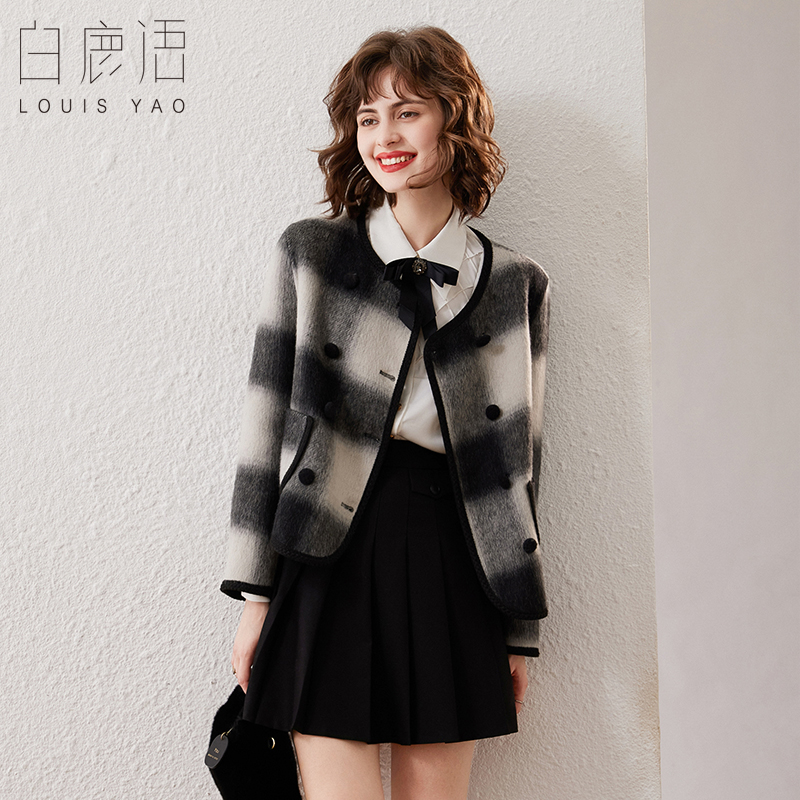 白鹿语常规复古格子双面呢大衣