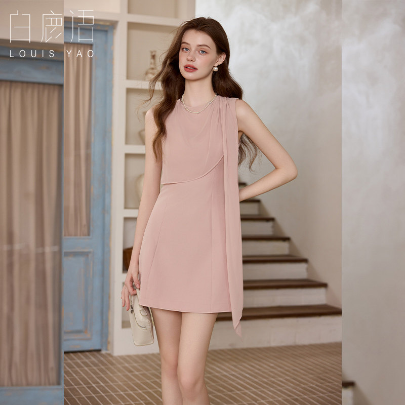 白鹿语轻熟风无袖连衣裙女26夏季新款收腰A字裙圆领收腰通勤短裙