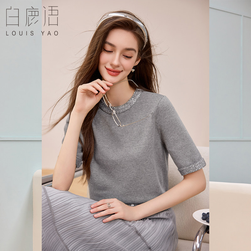 白鹿语法式小香风亮片圆领短袖针织衫早秋新款设计感内搭上衣图片