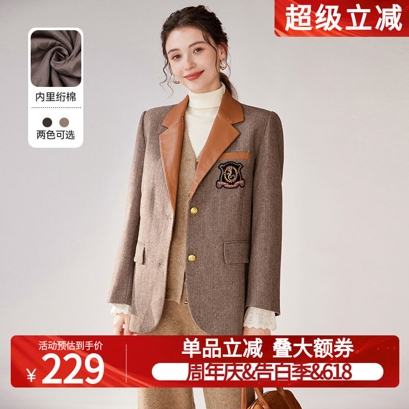 白鹿语英伦风绗棉加厚棉服冬季新款复古拼接pu宽松女式西装棉衣