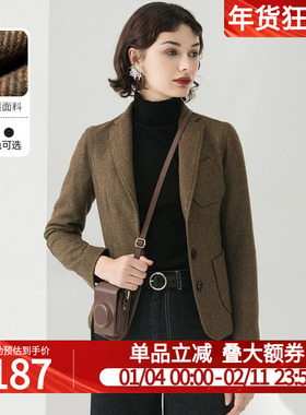 白鹿语翻领单排扣小西装冬休闲通勤ol风简约修身毛呢短外套女