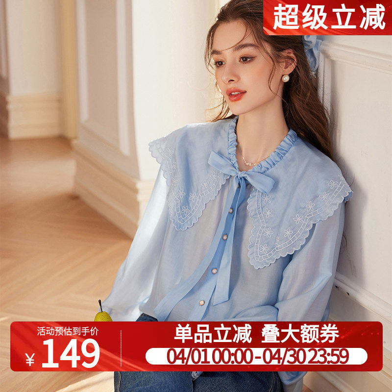 白鹿语法式系带娃娃领刺绣蕾丝衬衫春新款甜美雪纺衬衣女薄款