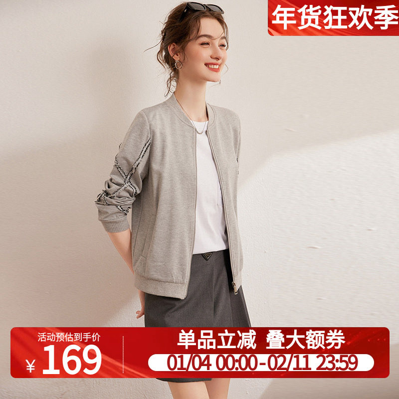 白鹿语复古棒球服夹克式上衣25秋季新款减龄微弹撞色休闲女式外套