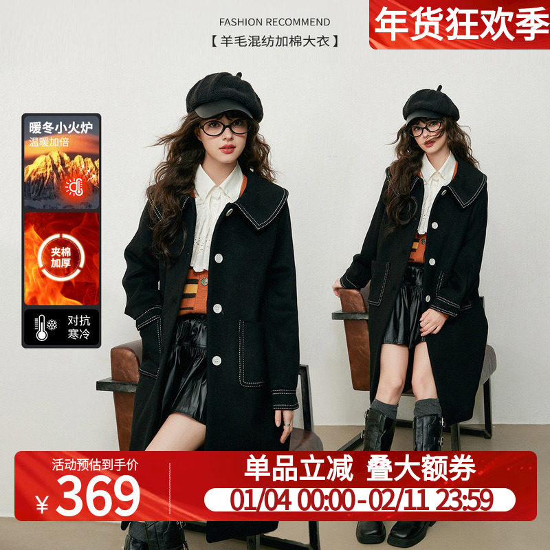 白鹿语韩系黑色娃娃翻领棉服25冬季新款宽松显瘦中长款保暖外套女