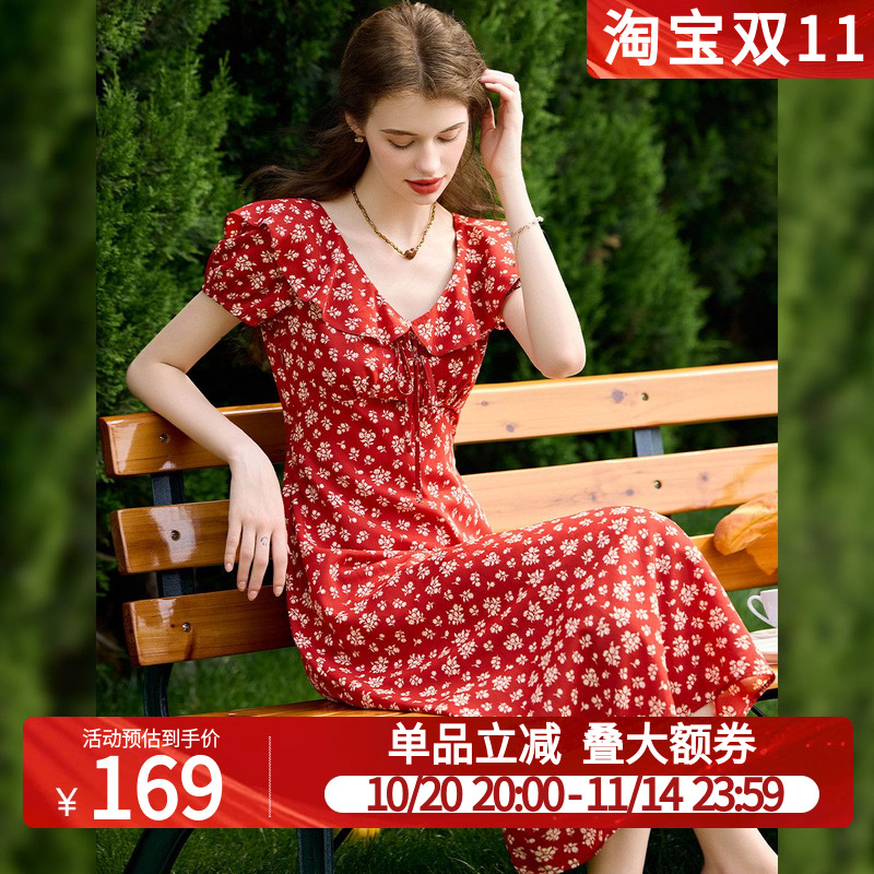 白鹿语法式复古女人味碎花裙25夏新款荷叶边收腰显瘦花卉女连衣裙