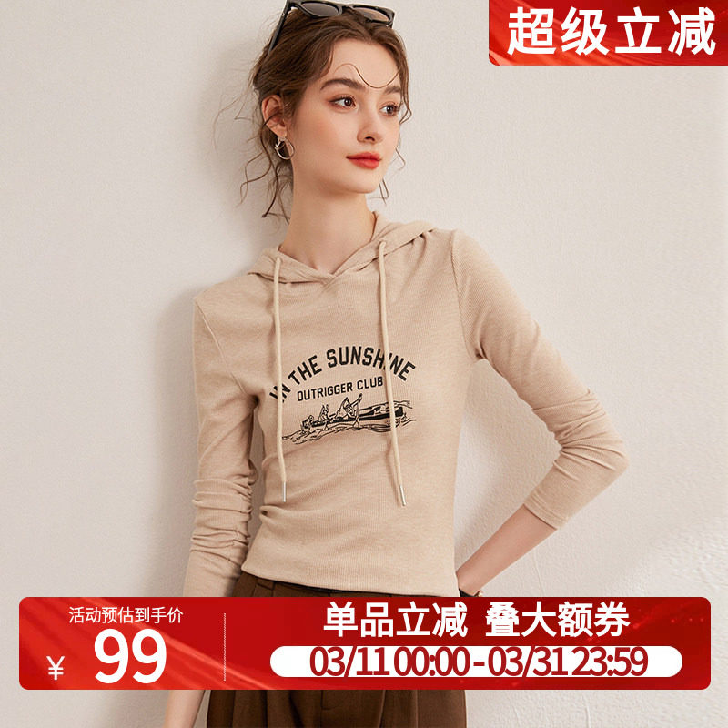 白鹿语连帽印花修身t恤秋时尚微弹弧形下摆休闲长袖女式T恤