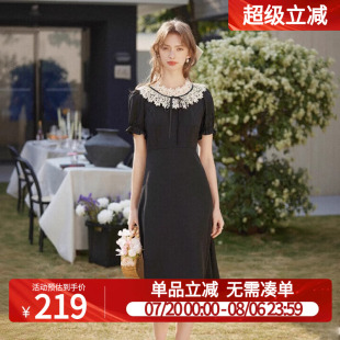 连衣裙 白鹿语复古蕾丝法式 甜美小黑裙25夏新款 泡泡袖 花边圆领修身