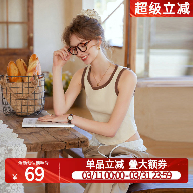 白鹿语圆领针织背心女2025夏新款外穿黑色吊带内搭短款无袖上衣