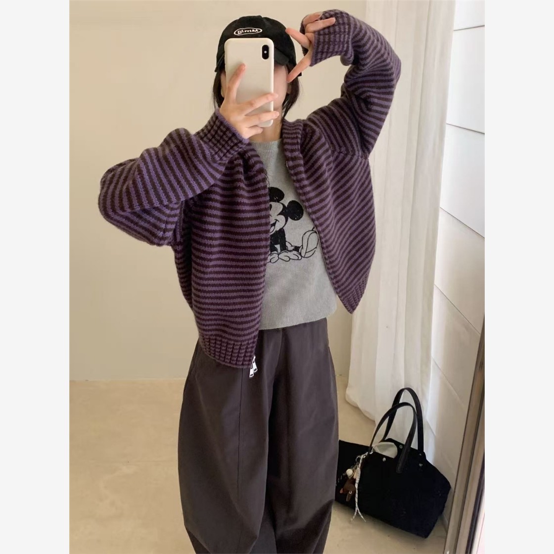 高级感简约撞色拼条纹连帽长袖针织开衫女韩系减龄慵懒毛衣外套潮