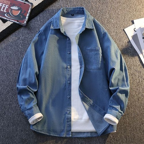 13岁男孩春季长袖衬衫12青少年14初高中学生15大童16帅气牛仔衬衣