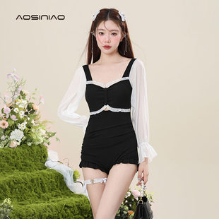 平角游泳 度假高级感保守显瘦遮肚长X袖 连体泳衣女夏2024新款 爆款