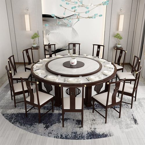 酒店餐桌大圆桌20人30人大理石岩板面实木火锅桌饭店电动转盘餐桌