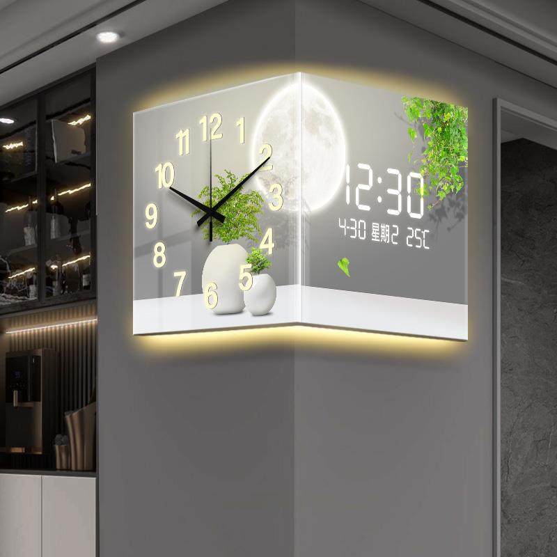 现代简约钟表挂钟客厅2025新款绿植转角双面时钟数显屏led壁灯画,家居饰品,挂钟,淘宝优惠券,粉丝福利购,淘宝优惠卷