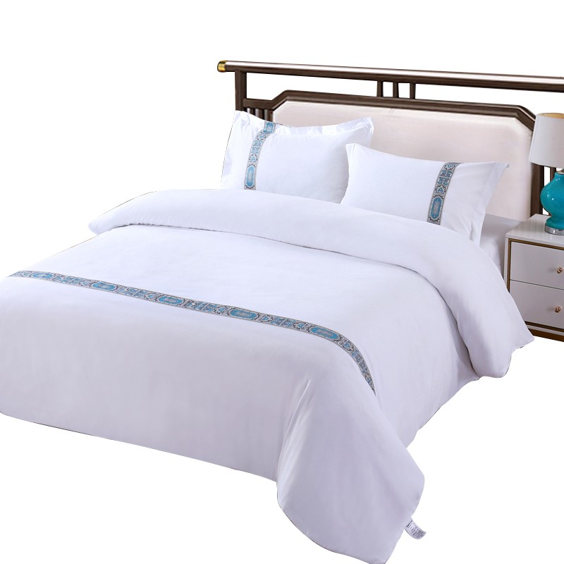 宾馆酒店床上用品四件套民宿三件套单双人贴布绣纯白床单被套组合