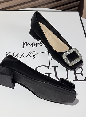 方头扣气质水钻浅口工作粗跟单鞋女B2024年新款软皮黑色职业高跟