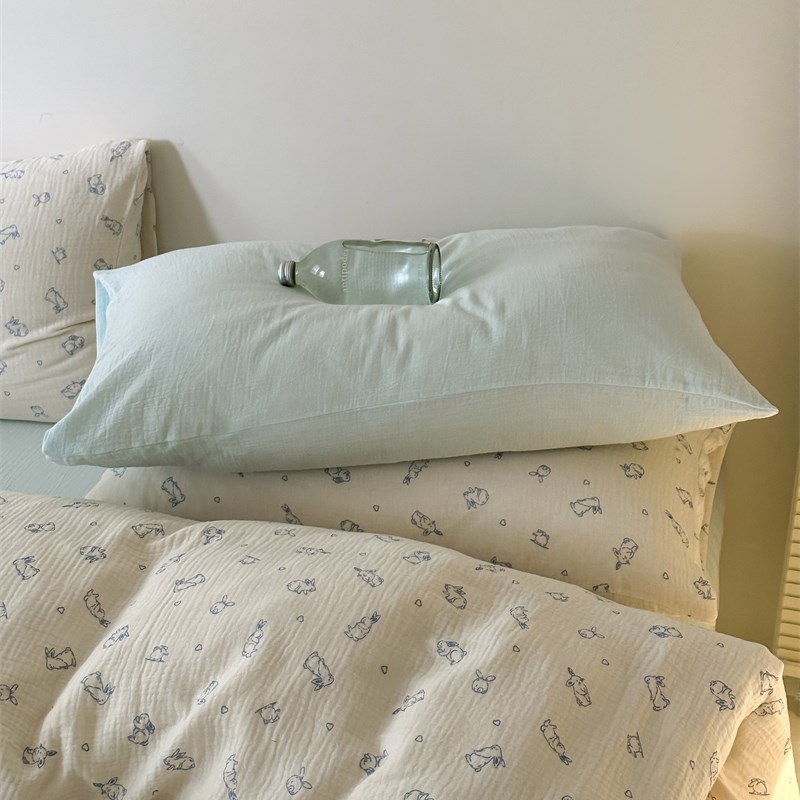 少女心可爱小蓝兔皱皱双层纱床上四件套1.5m1.8全棉床单被套