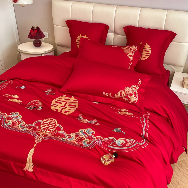 档中式纯棉结婚四件套红色百子图刺绣被套全棉婚庆床上用品婚房