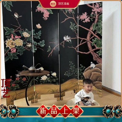 简约中试手绘漆画屏风折叠可移动客厅背景茶室装饰卧室隔断可定制