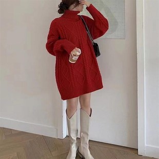 中长款本命年新年红色高领毛衣裙女2024秋冬宽松慵懒风加厚外穿