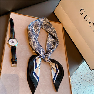 洋气百搭小方巾女薄丝巾春季民族风青花蓝腰果花空姐小领巾小丝巾