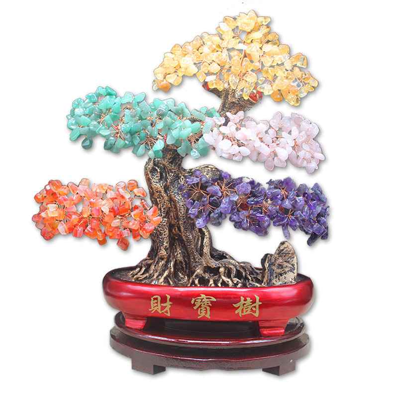 天然黄水晶招财树摆件五彩五色水晶发财树家居装饰品客厅开业礼品