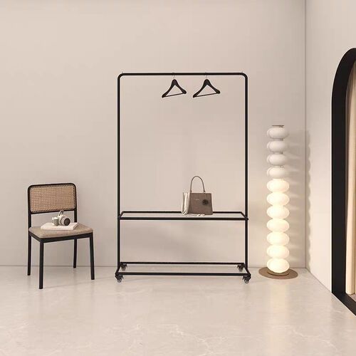 服装店橱窗展示架多层陈列架黑色哑光带玻璃层架挂衣架服装展示架