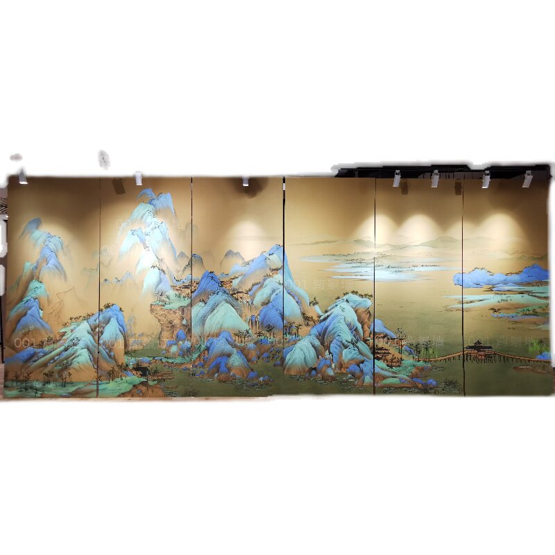 千里江山图墙纸沙发背景墙电视客厅新中式丝印手绘手绣刺绣壁画硬