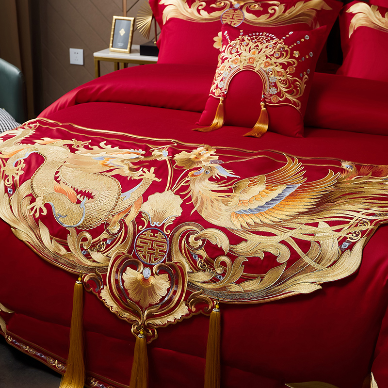 婚庆四件套大红色新婚婚礼婚床刺绣花纯棉全棉喜被结婚床上用品