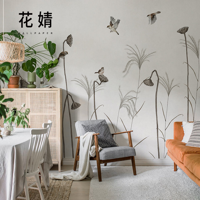 手绘芦苇花鸟壁纸客厅电r视背景墙纸现代简约卧室沙发墙布定制壁