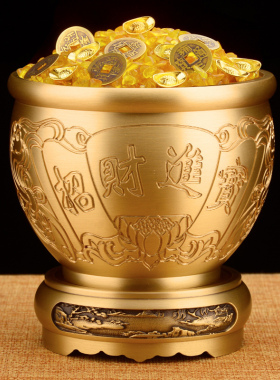 百福铜缸黄铜米缸聚宝盆摆件客厅家居招聚纯特大号财铜存钱罐
