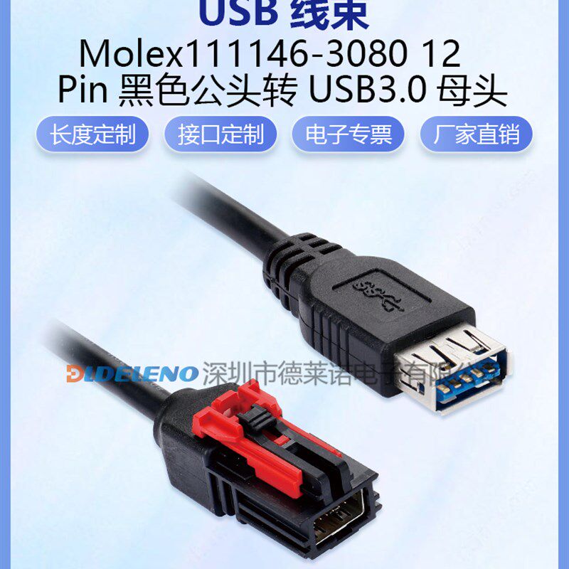 莫仕版Molex111146-3100 12Pin黑G色公头 TO USB 3.0母头转接线