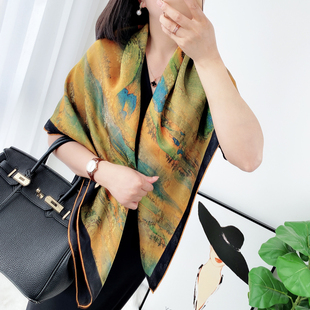 【千里江山图】双面双色香云纱花萝大方巾优雅中国风丝巾披肩围巾