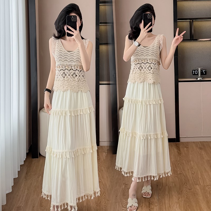 夏装搭配c一整套时尚套装女2025新款流苏吊带抹胸背心半身裙三件