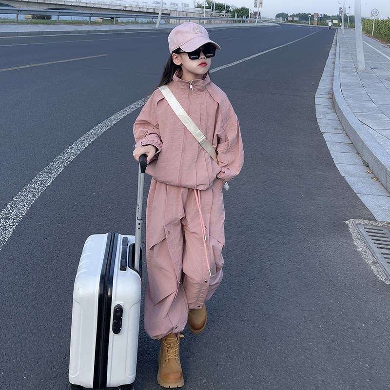 女童春秋款运动外穿套装2024新款洋气大童冲锋衣休闲X工装裤两件