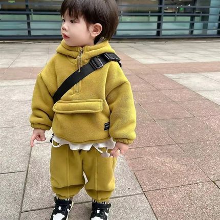 2023春秋款男童卫衣加绒男童B冬季儿童卫衣卫裤外套连帽套装童装