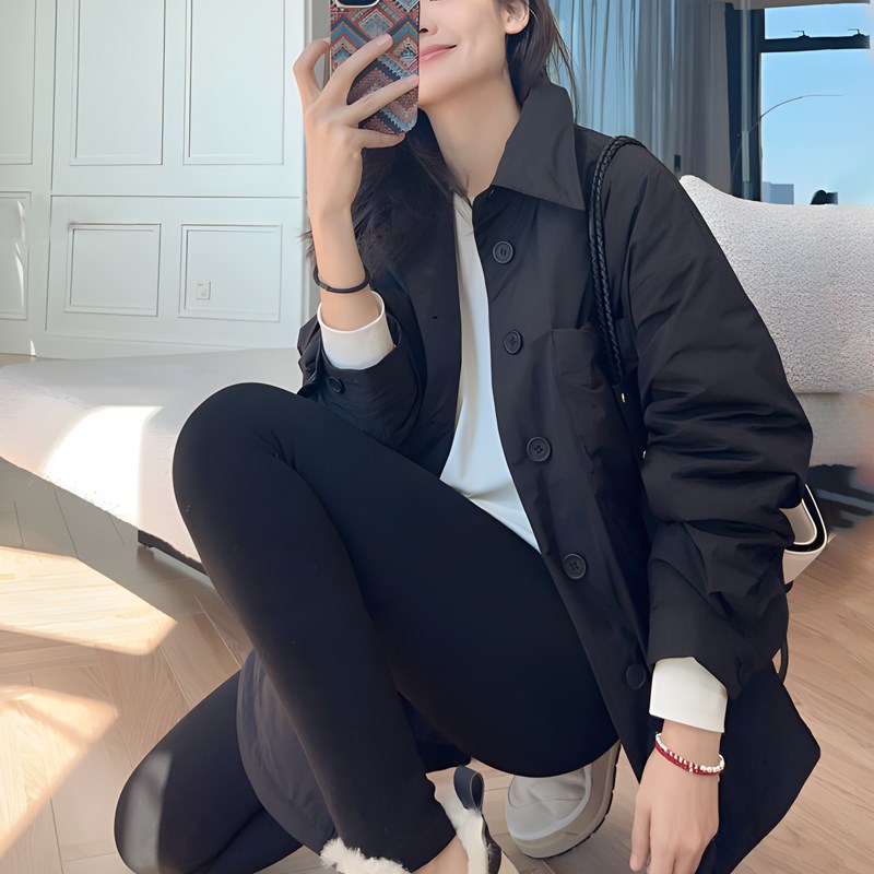 黑色羽绒衬衫 黑桃夹子鹅绒服 高密记忆BF极简廓形U长袖衬衫轻羽
