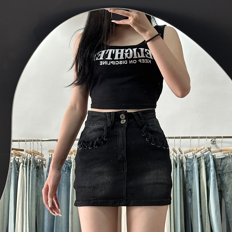 黑色牛仔半身裤裙女夏季高腰显瘦毛D边a字辣妹修身防走光包臀短裙