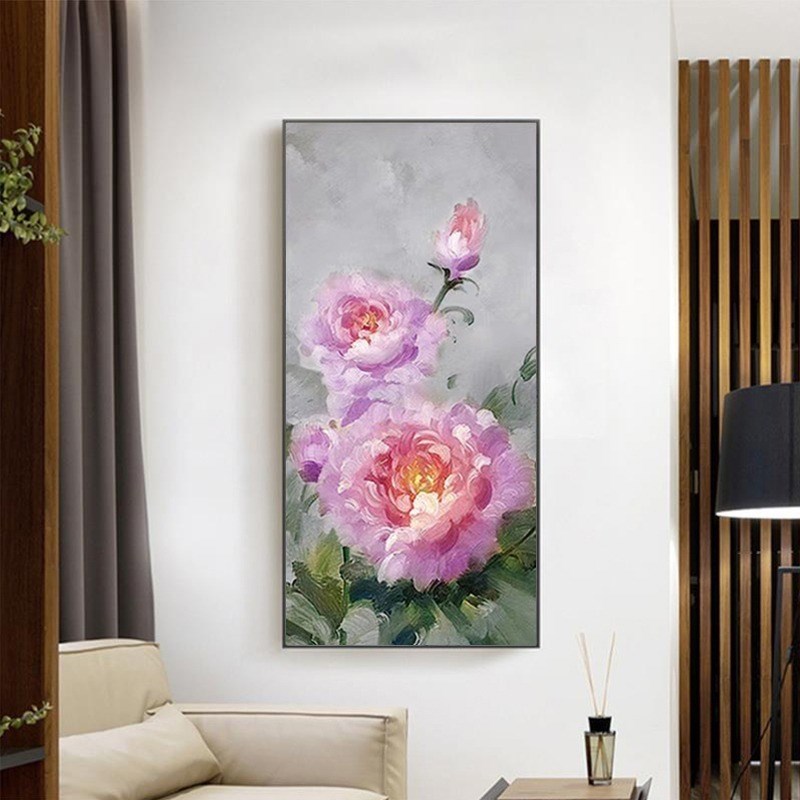 新中式牡丹花纯手绘油画紫色玄关挂画花开富贵走R廊尽头客厅装饰图片