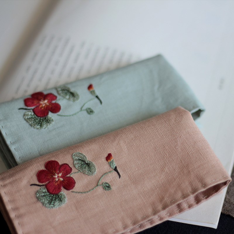 旱莲花开 纯亚麻刺绣手帕diy材料包男朋友女士吸汗手绢方巾礼物