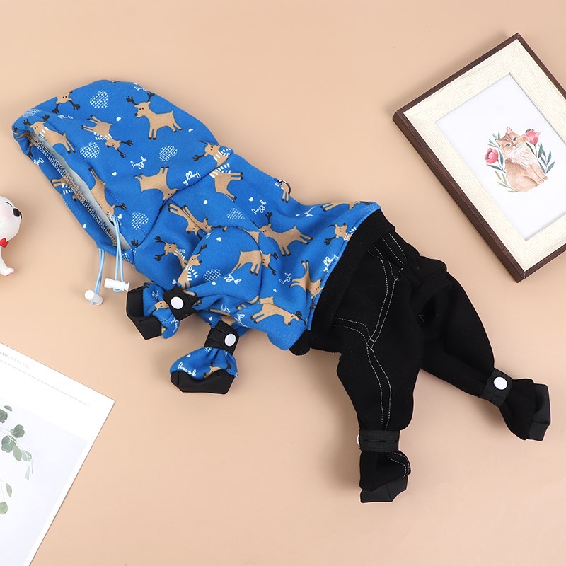 新秋冬加绒厚踩脚印花连帽宠物无毛猫咪狗可爱全包连体保暖四脚衣