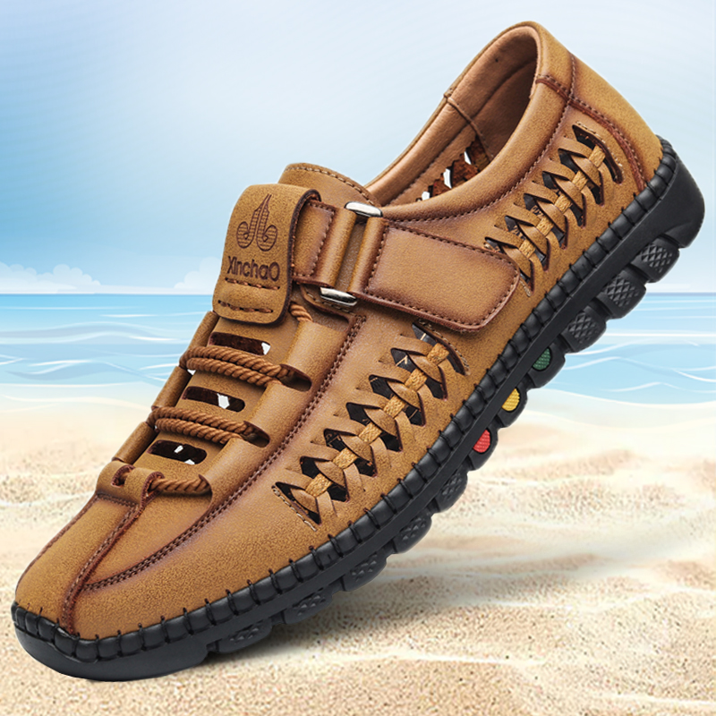 夏季新款男士凉鞋透气休闲鞋男皮鞋镂空洞洞皮凉鞋软底驾车鞋