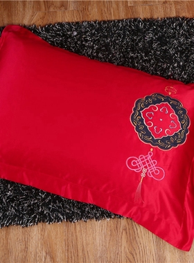 精品全棉大红色结婚庆婚房喜庆刺绣单品情侣单人枕套一对装48x74
